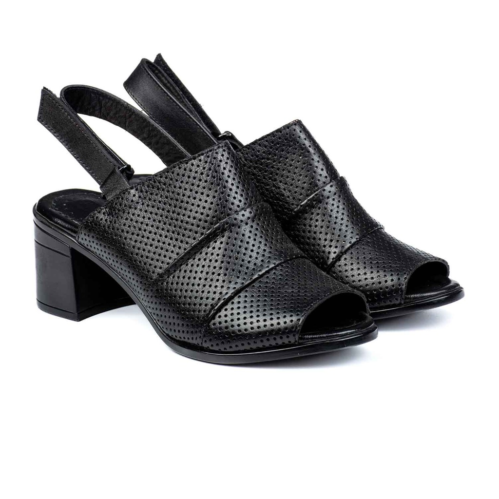 [389] Block-Heel Open Toe Sandals Model 5047 (Patterned) (Black, 36)